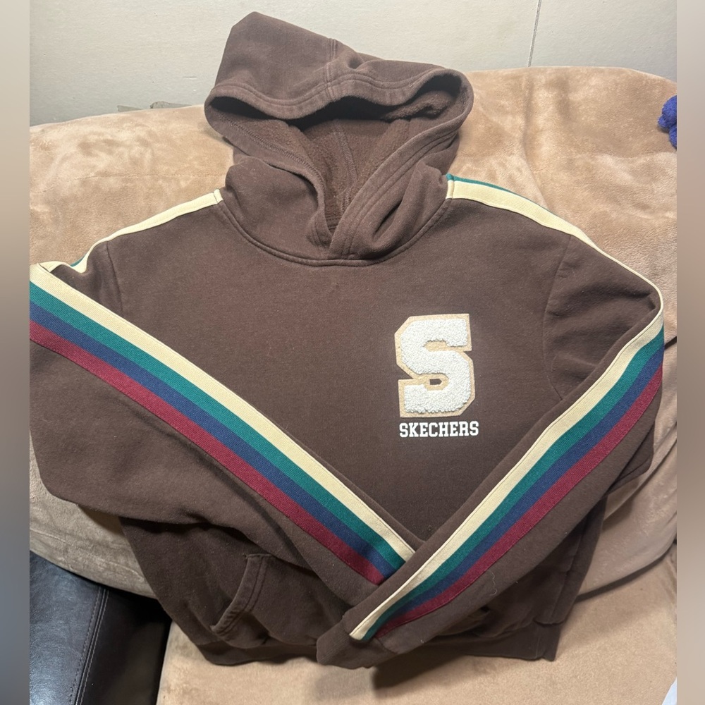 Vintage Y2K Sketchers for Kids’ Large Brown Hoodie with Retro Rainbow Stripes